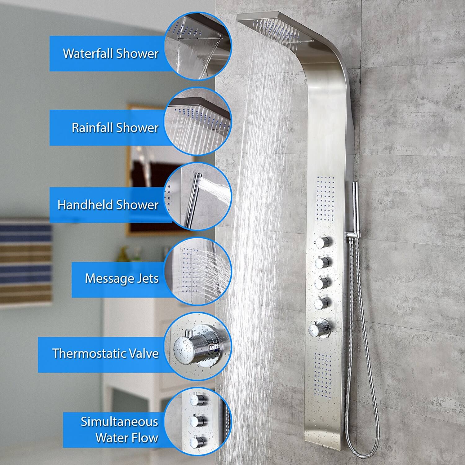 Decor Star 004-SS 63" Stainless Steel Rainfall Waterfall Shower Panel